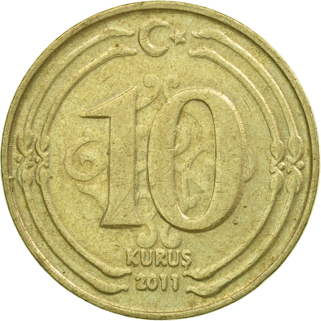 Coin, Turkey, 10 Kurus, 2011, EF(40-45), Brass, KM:1241