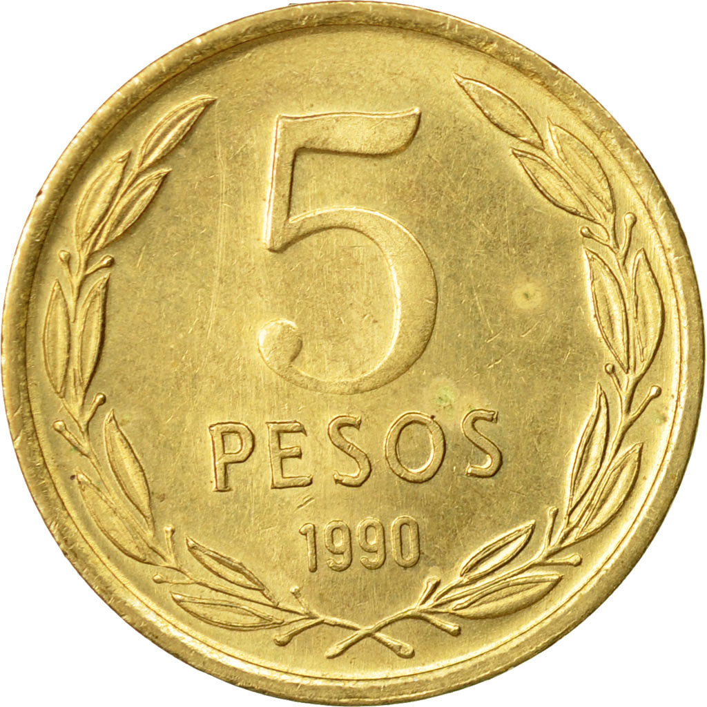 Coin, Chile, 5 Pesos, 1990, Santiago, EF(40-45), Aluminum-Bronze, KM:217.2