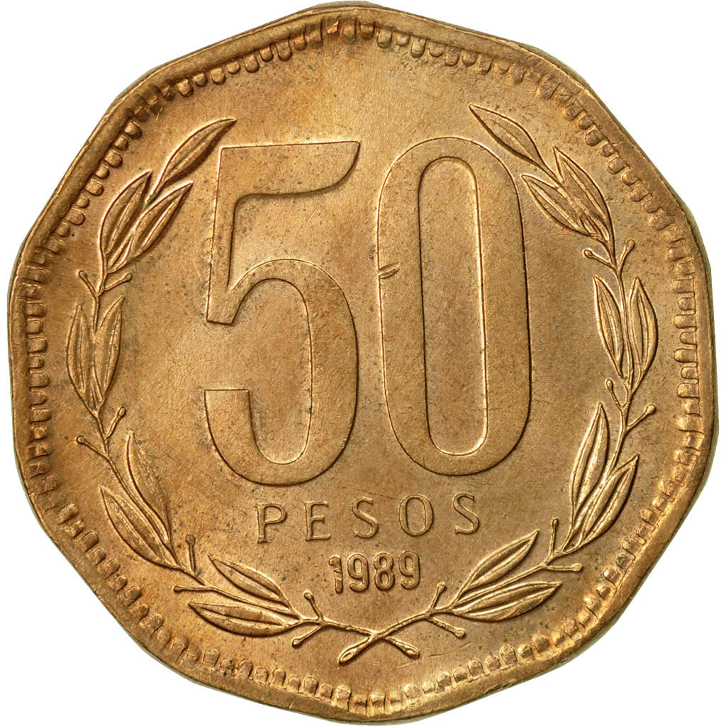 Coin, Chile, 50 Pesos, 1989, EF(40-45), Aluminum-Bronze, KM:219.2