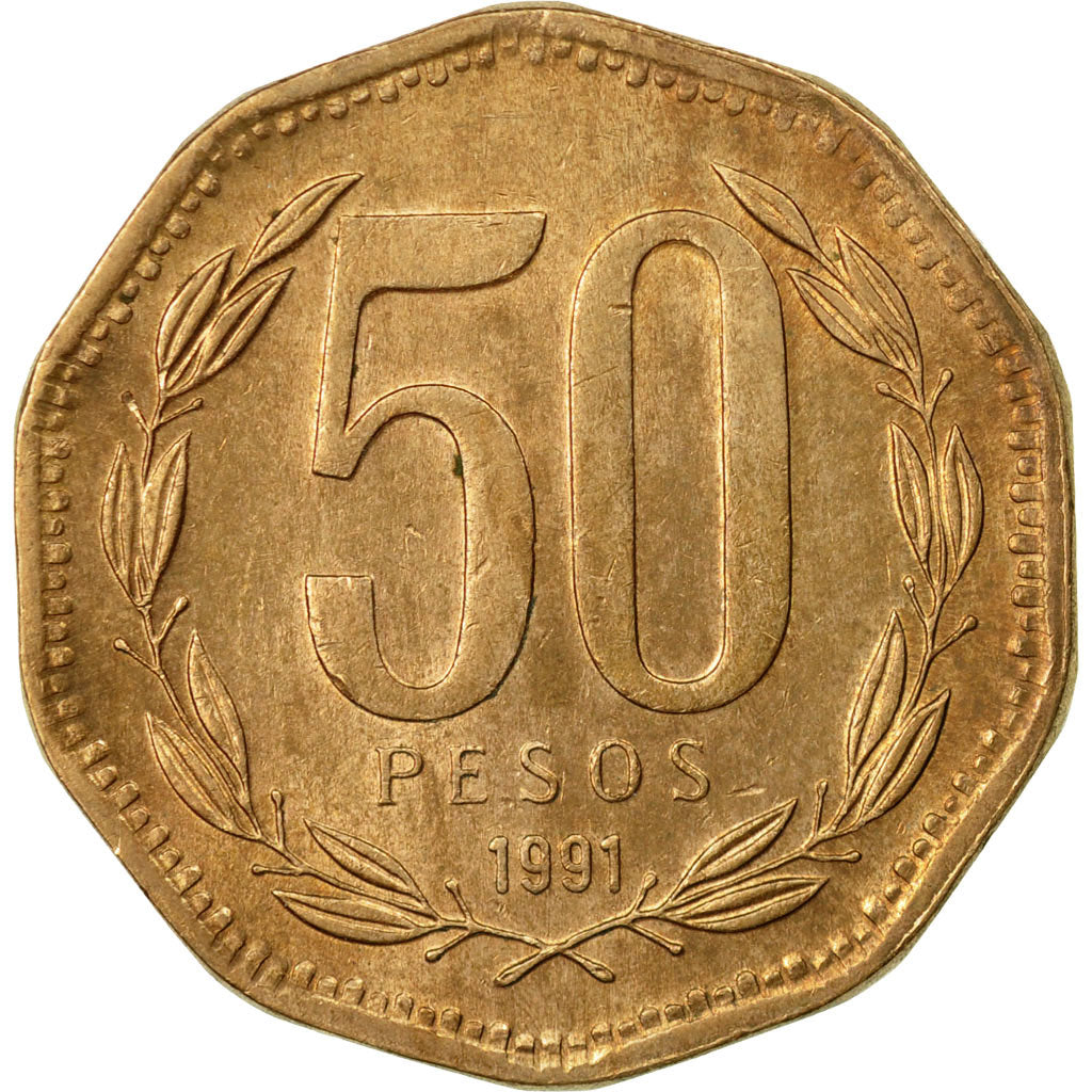 Coin, Chile, 50 Pesos, 1991, EF(40-45), Aluminum-Bronze, KM:219.2