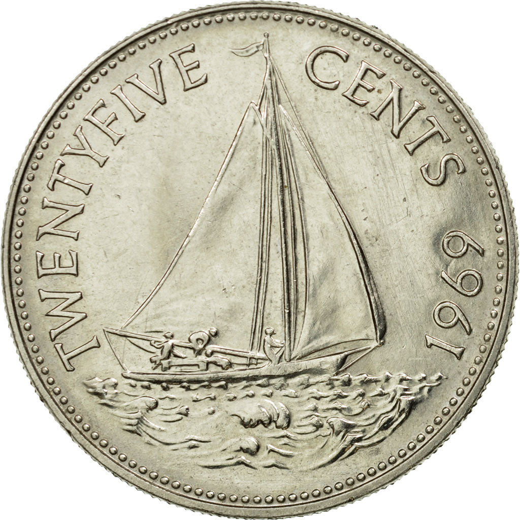 Moneda, Bahamas, Elizabeth II, 25 Cents, 1969, Franklin Mint, MBC, Níquel, KM:6