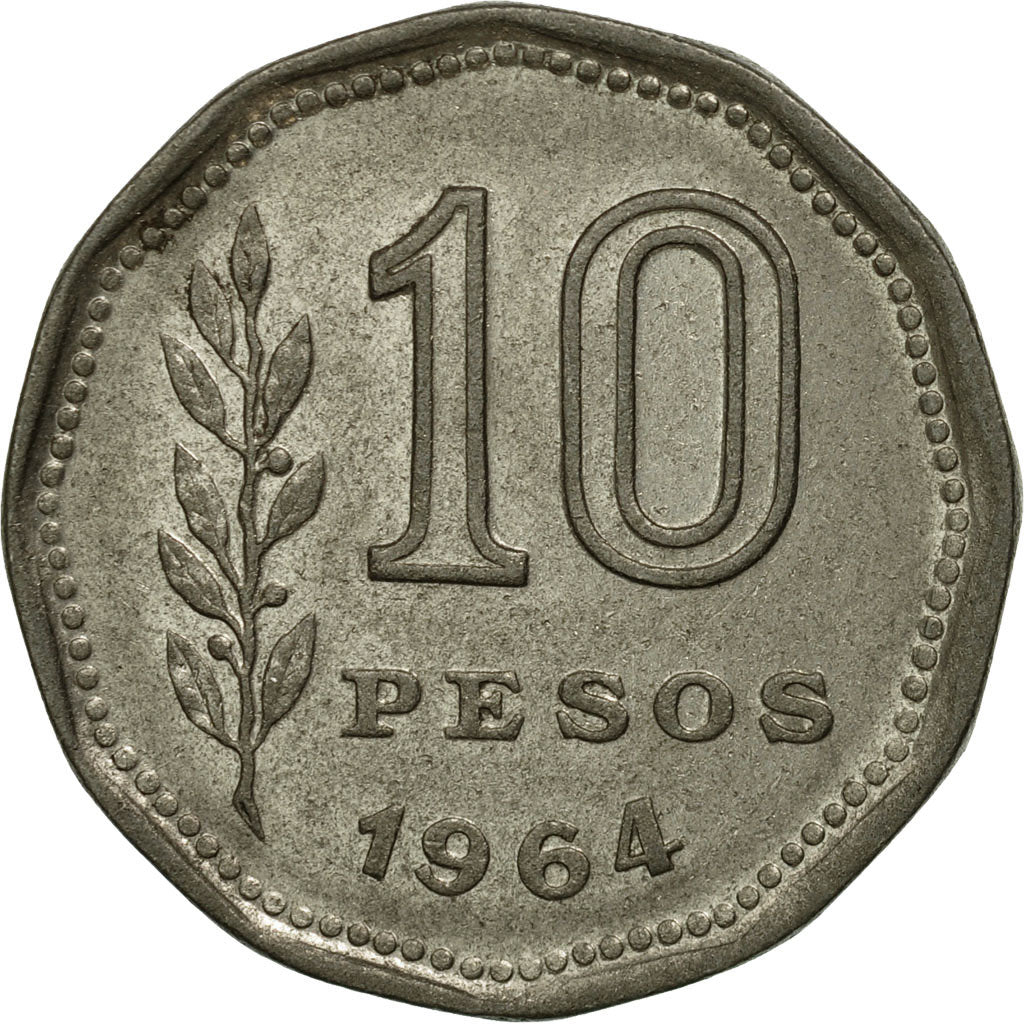Moneta, Argentina, 10 Pesos, 1964, BB, Acciaio ricoperto in nichel, KM:60