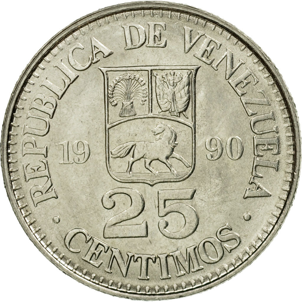 Coin, Venezuela, 25 Centimos, 1990, EF(40-45), Nickel Clad Steel, KM:50a