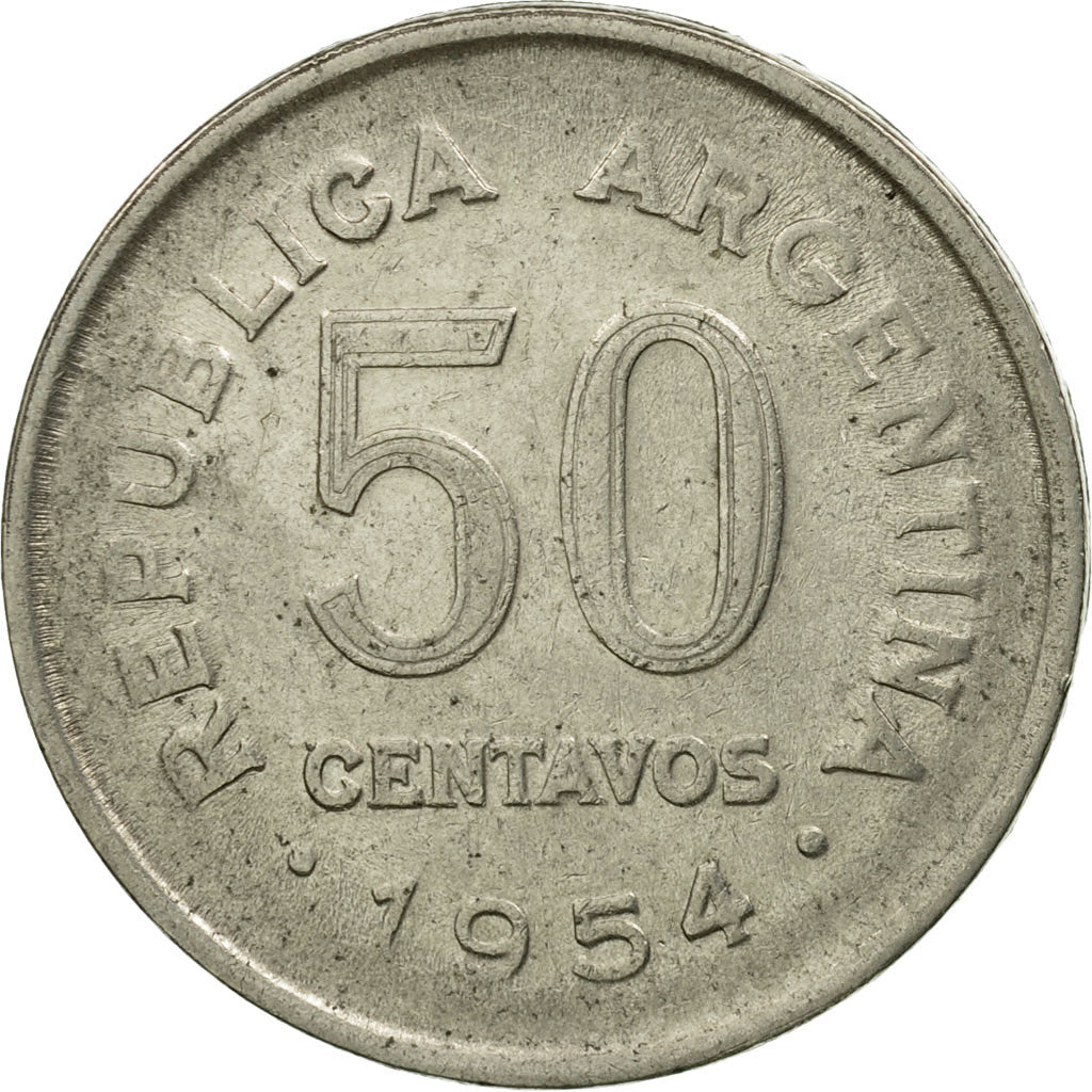 Moneta, Argentina, 50 Centavos, 1954, BB, Acciaio ricoperto in nichel, KM:49
