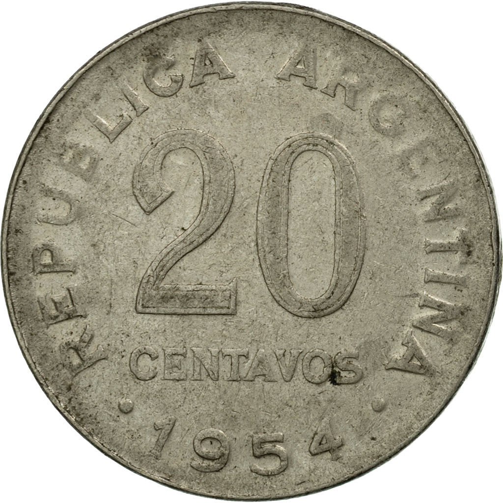 Moneta, Argentina, 20 Centavos, 1954, MB+, Acciaio ricoperto in nichel, KM:52