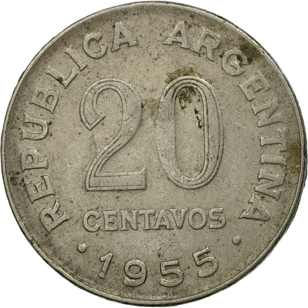 Moneta, Argentina, 20 Centavos, 1955, MB+, Acciaio ricoperto in nichel, KM:52