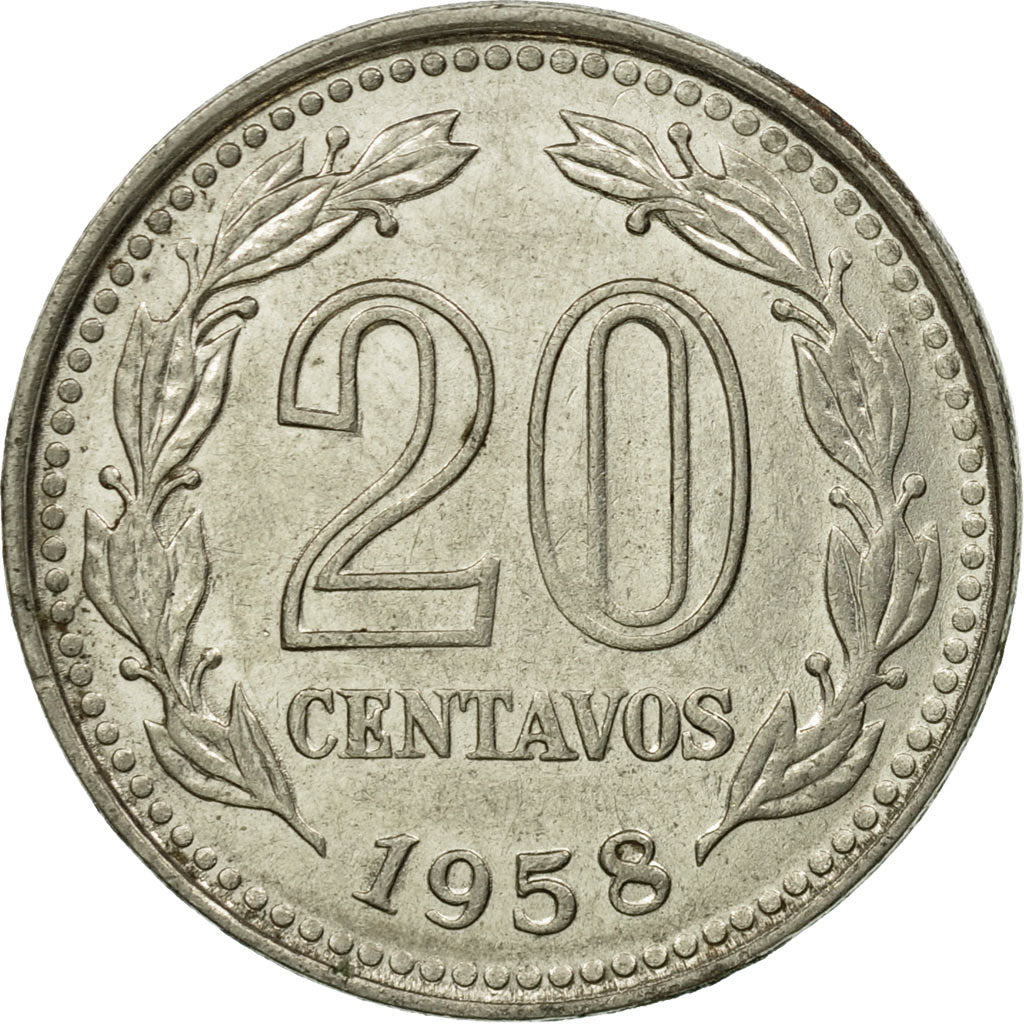 Moneta, Argentina, 20 Centavos, 1958, BB, Acciaio ricoperto in nichel, KM:55