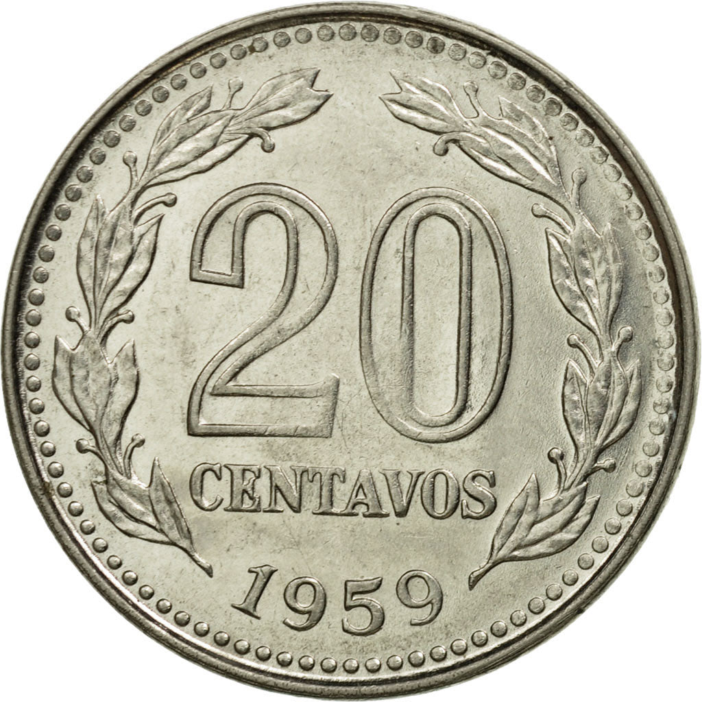 Moneta, Argentina, 20 Centavos, 1959, BB, Acciaio ricoperto in nichel, KM:55