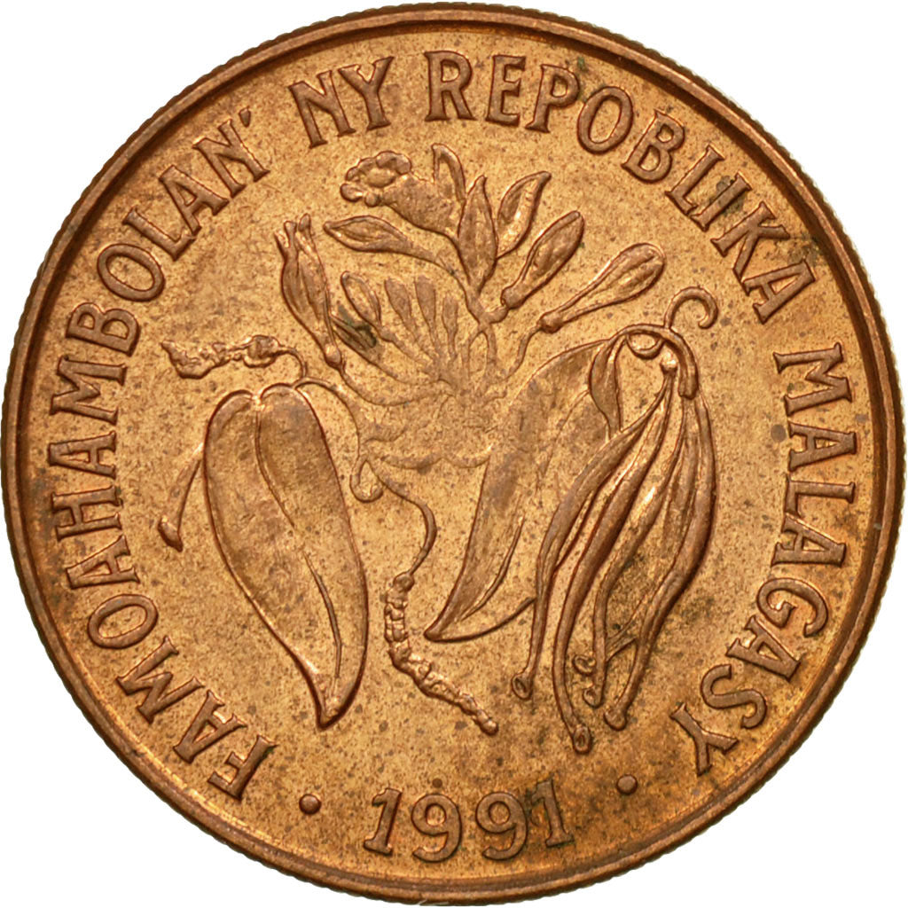 Coin, Madagascar, 10 Francs, 2 Ariary, 1991, Paris, EF(40-45), Copper Plated