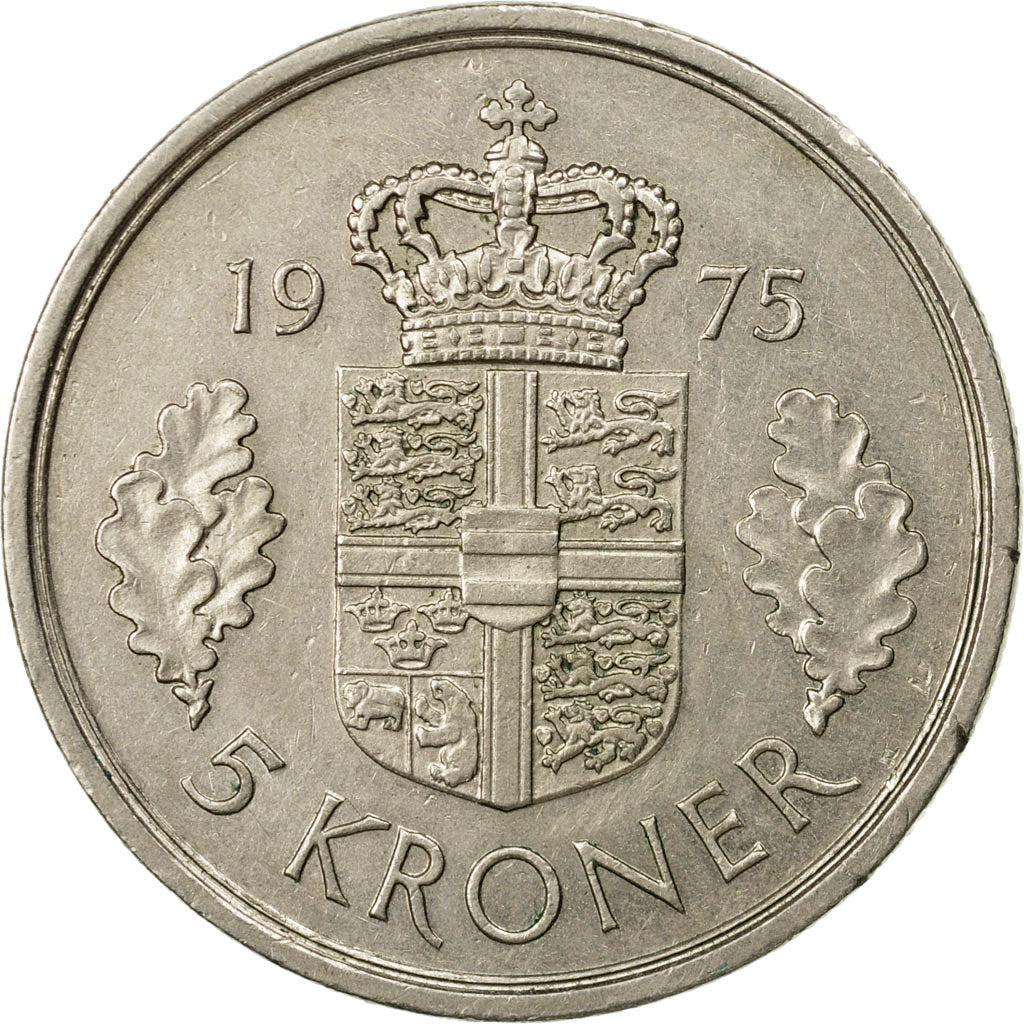Coin, Denmark, Margrethe II, 5 Kroner, 1975, Copenhagen, AU(55-58)