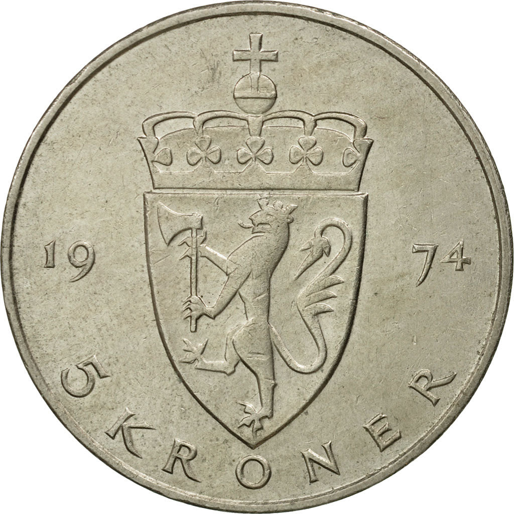 Moneta, Norvegia, Olav V, 5 Kroner, 1974, SPL-, Rame-nichel, KM:420