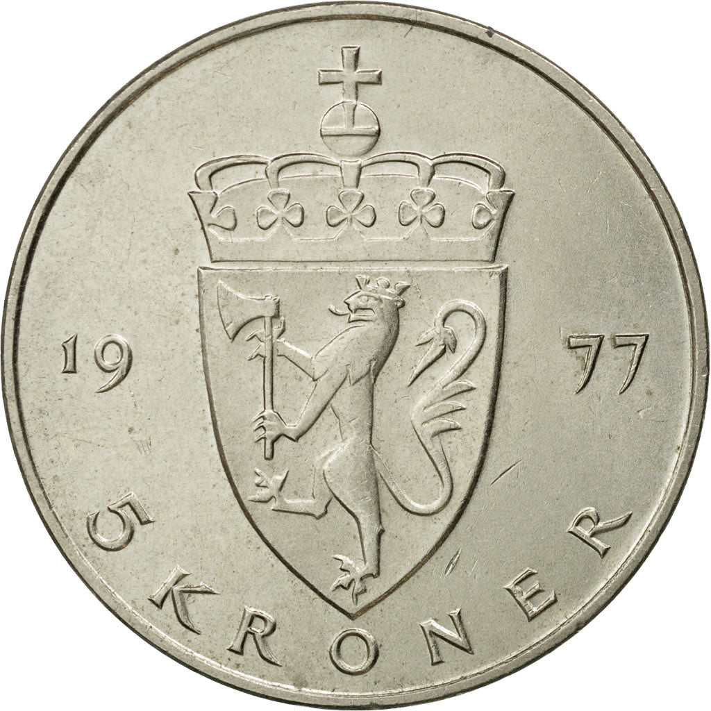 Coin, Norway, Olav V, 5 Kroner, 1977, AU(55-58), Copper-nickel, KM:420