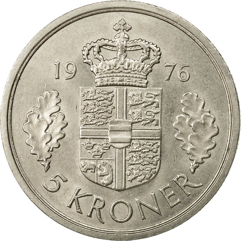 Coin, Denmark, Margrethe II, 5 Kroner, 1976, Copenhagen, AU(55-58)
