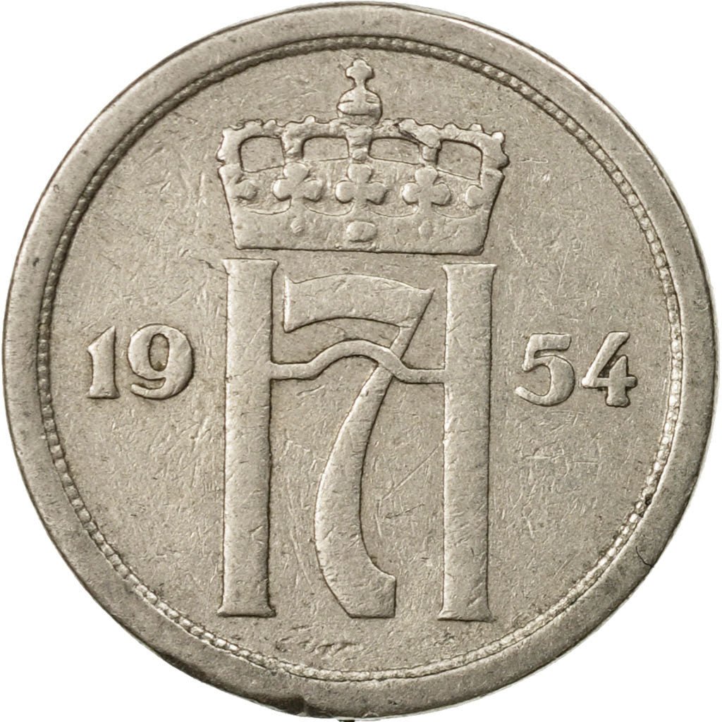 Coin, Norway, Haakon VII, 25 Öre, 1954, EF(40-45), Copper-nickel, KM:401