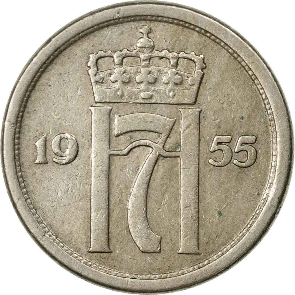 Coin, Norway, Haakon VII, 25 Öre, 1955, EF(40-45), Copper-nickel, KM:401