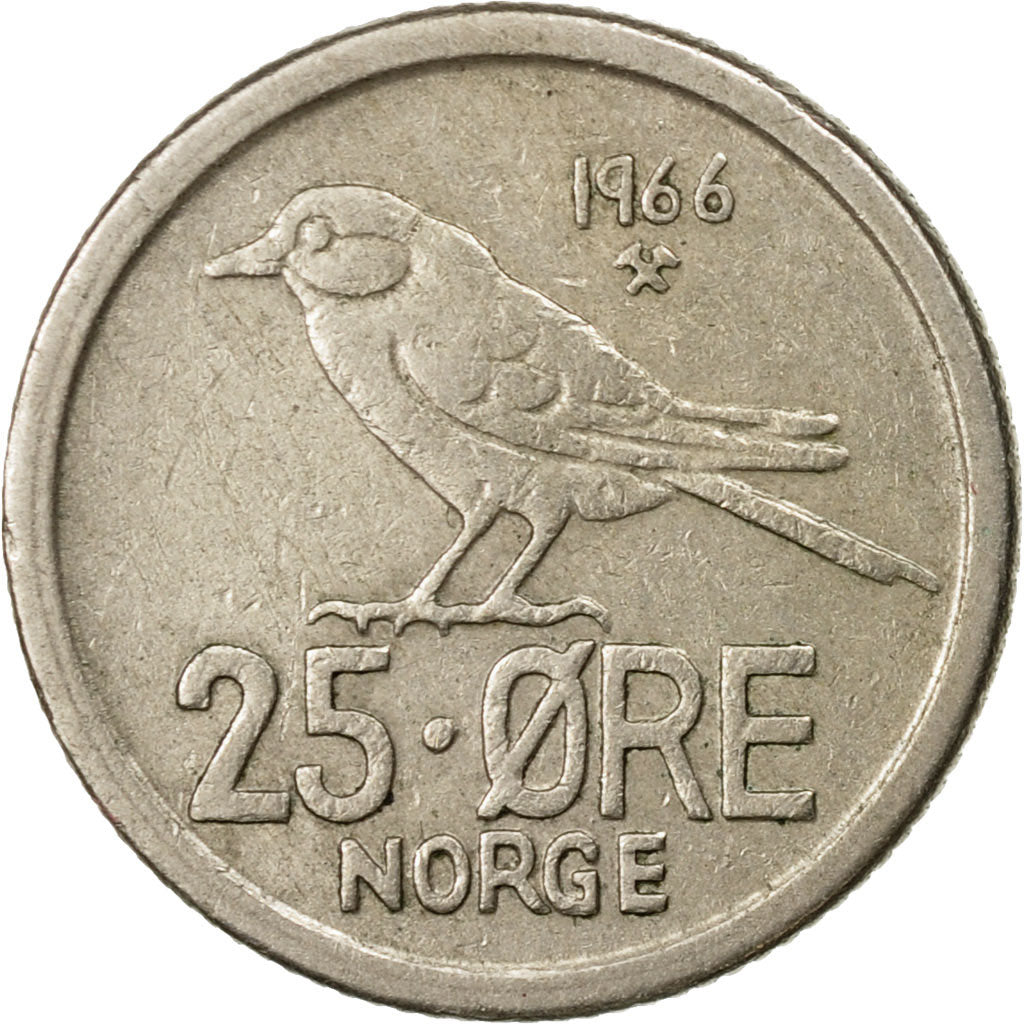 Coin, Norway, Olav V, 25 Öre, 1966, EF(40-45), Copper-nickel, KM:407