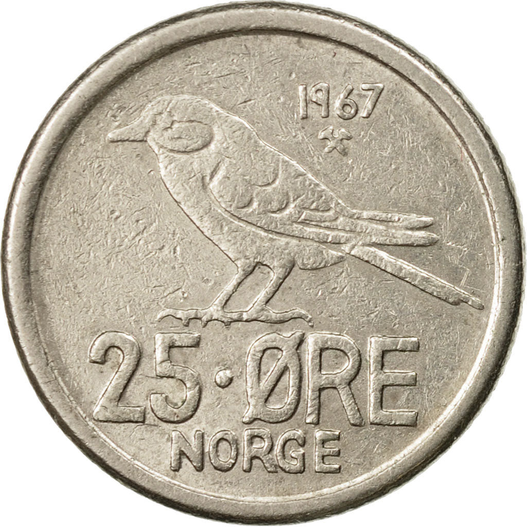 Coin, Norway, Olav V, 25 Öre, 1967, EF(40-45), Copper-nickel, KM:407