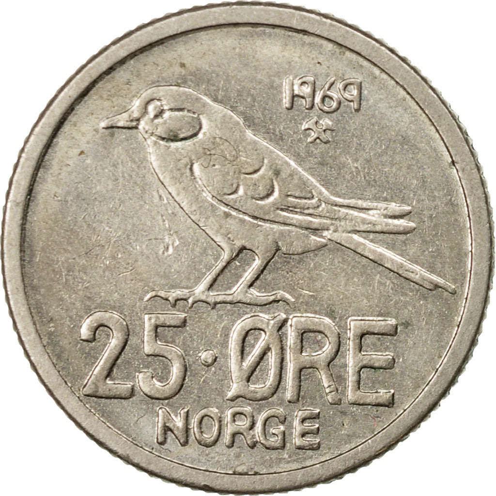 Coin, Norway, Olav V, 25 Öre, 1969, EF(40-45), Copper-nickel, KM:407