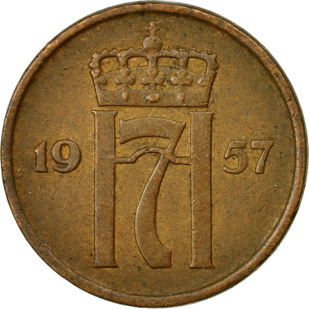 Coin, Norway, Haakon VII, 2 Öre, 1957, EF(40-45), Bronze, KM:399