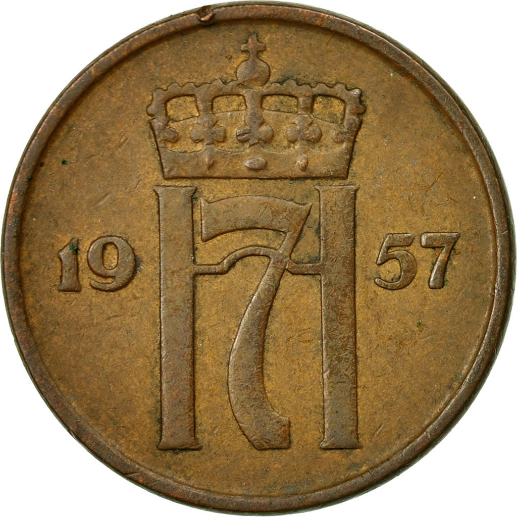 Coin, Norway, Haakon VII, 2 Öre, 1957, EF(40-45), Bronze, KM:399