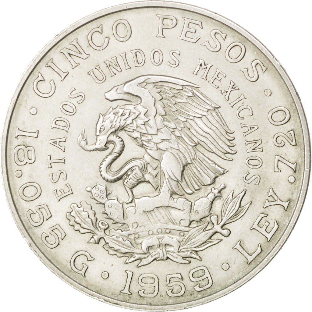 MEXICO, 5 Pesos, 1959, Mexico City, KM #471, AU(50-53), Silver, 36, 18.07