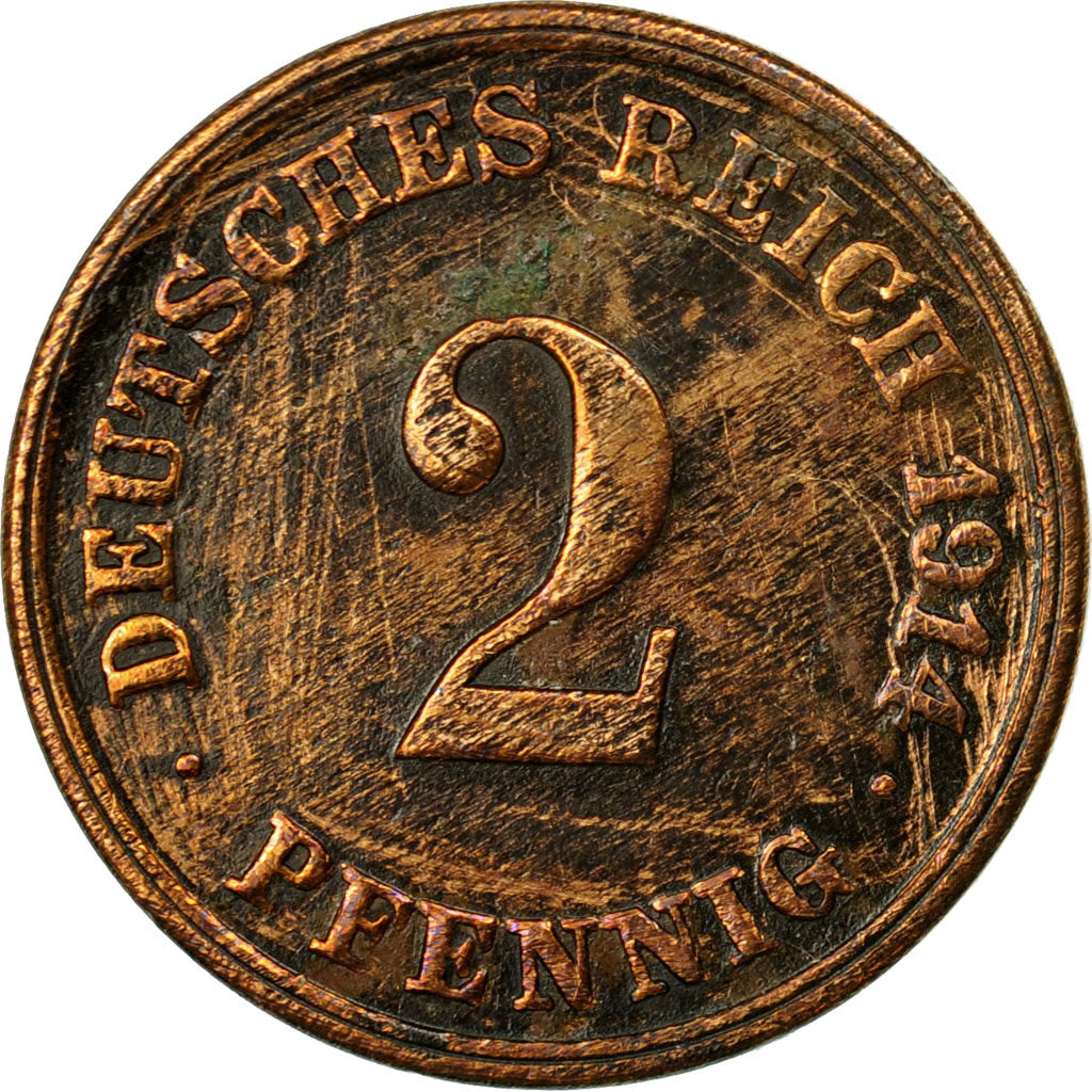 Coin, GERMANY - EMPIRE, Wilhelm II, 2 Pfennig, 1914, Muldenhütten, VF(30-35)