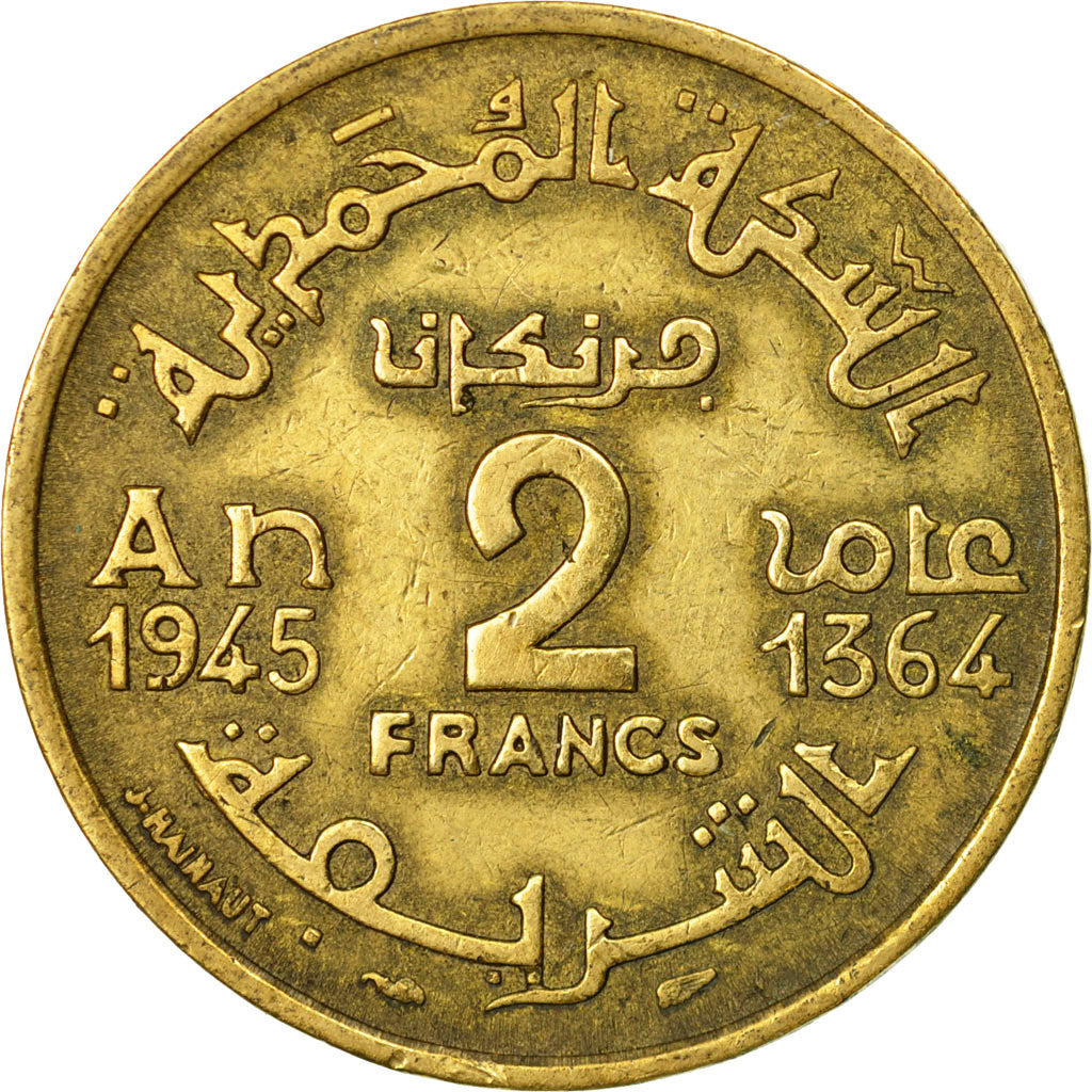 Coin, Morocco, Mohammed V, 2 Francs, 1944, Paris, EF(40-45), Aluminum-Bronze