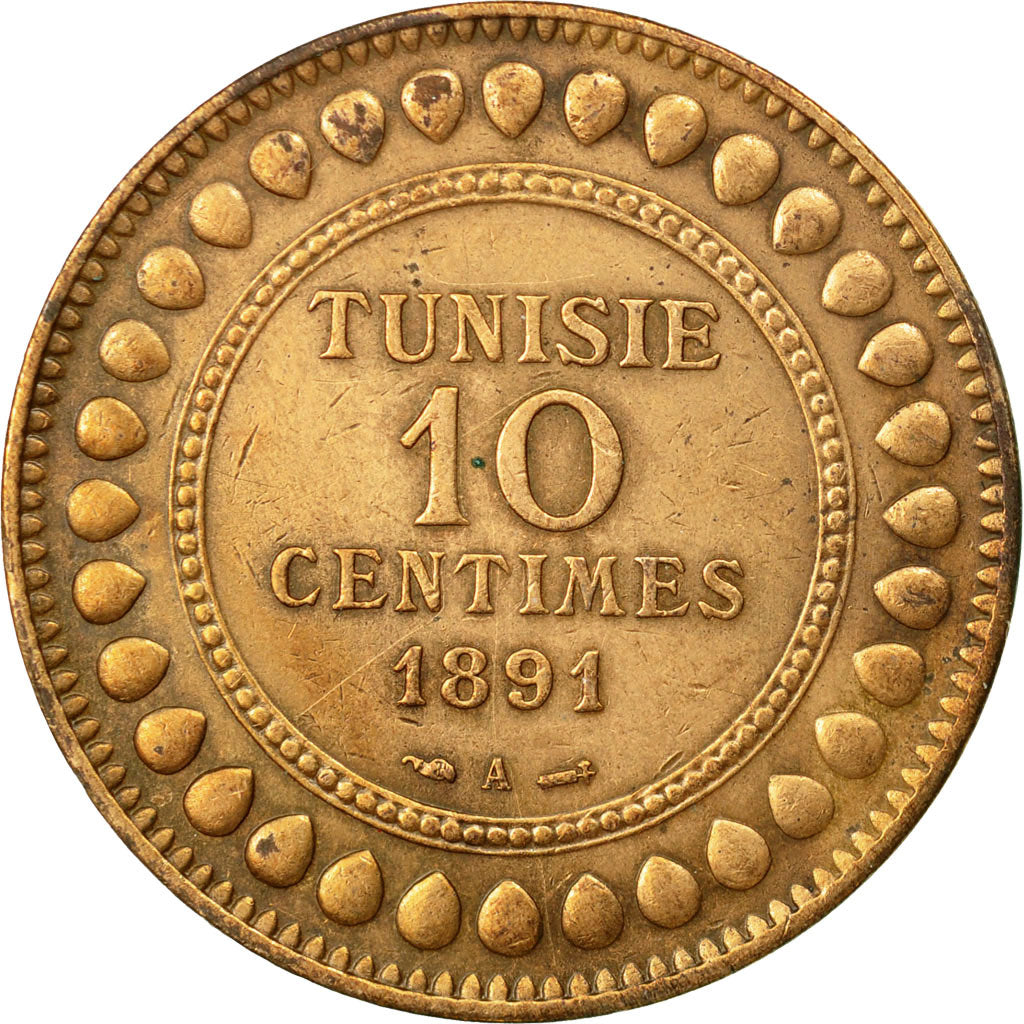 Coin, Tunisia, Ali Bey, 10 Centimes, 1891, Paris, EF(40-45), Bronze, KM:222
