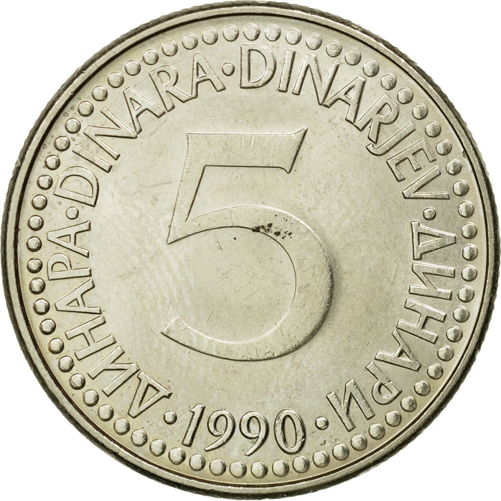 Coin, Yugoslavia, 5 Dinara, 1990, EF(40-45), Copper-Nickel-Zinc, KM:144