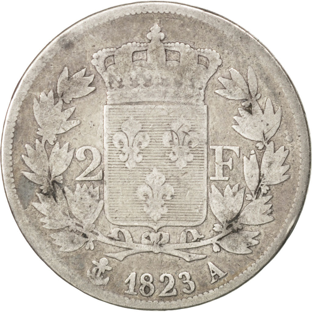 FRANCE, Louis XVIII, 2 Francs, 1823, Paris, KM #710.1, VG(8-10), Silver,...
