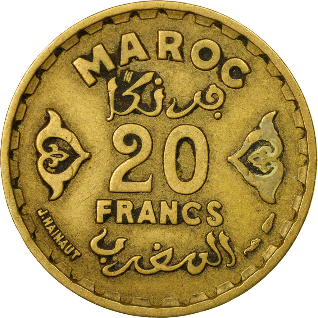 Coin, Morocco, Mohammed V, 20 Francs, 1951, Paris, VF(30-35), Aluminum-Bronze