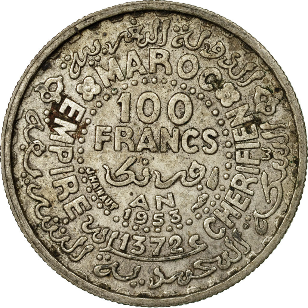 Coin, Morocco, Mohammed V, 100 Francs, 1953, Paris, EF(40-45), Silver, KM:52