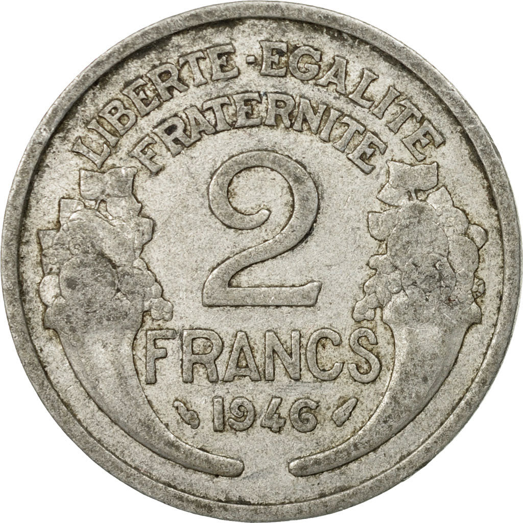 Moneda, Francia, Morlon, 2 Francs, 1946, Paris, BC+, Aluminio, KM:886a.1