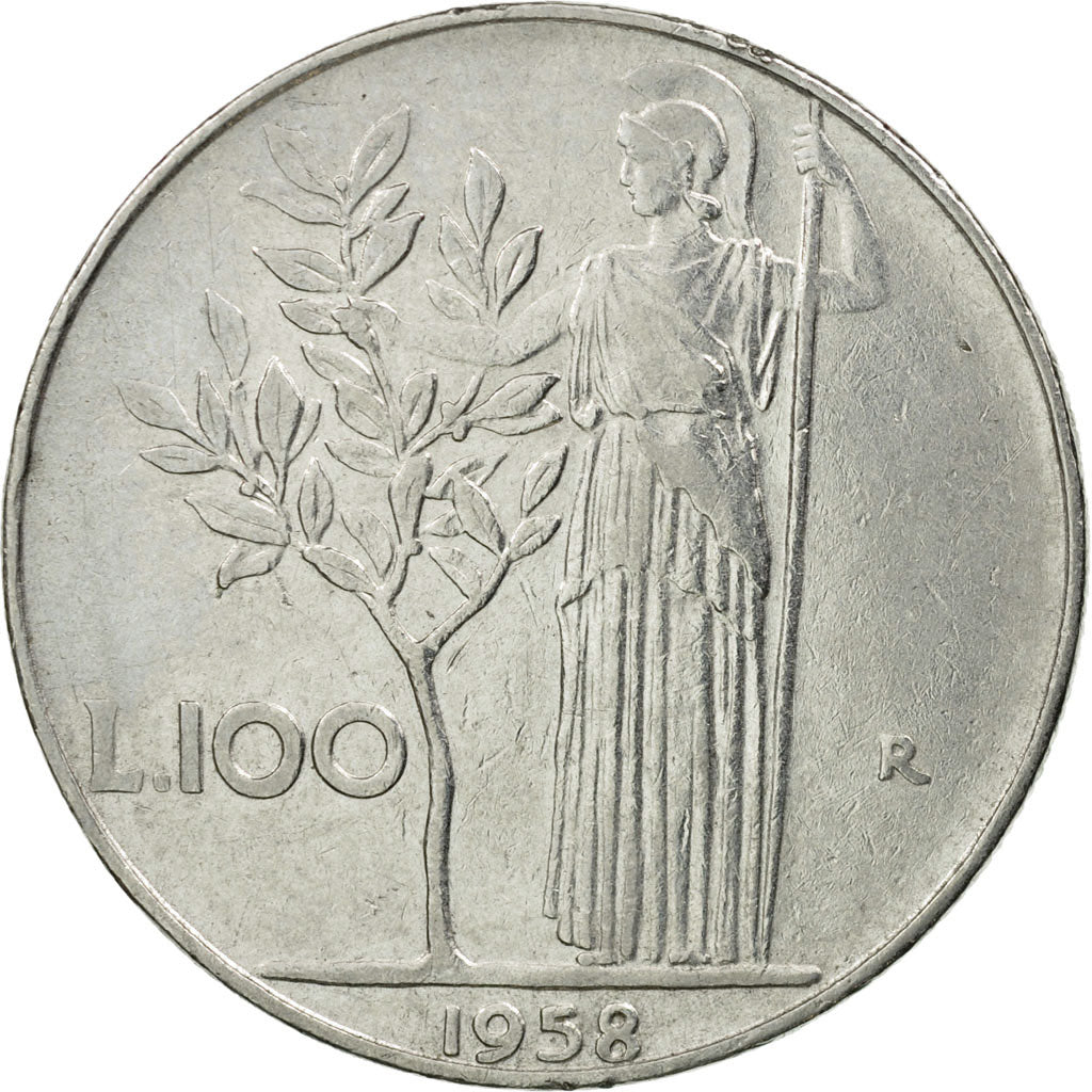 Moneda, Italia, 100 Lire, 1958, Rome, MBC, Acero inoxidable, KM:96.1