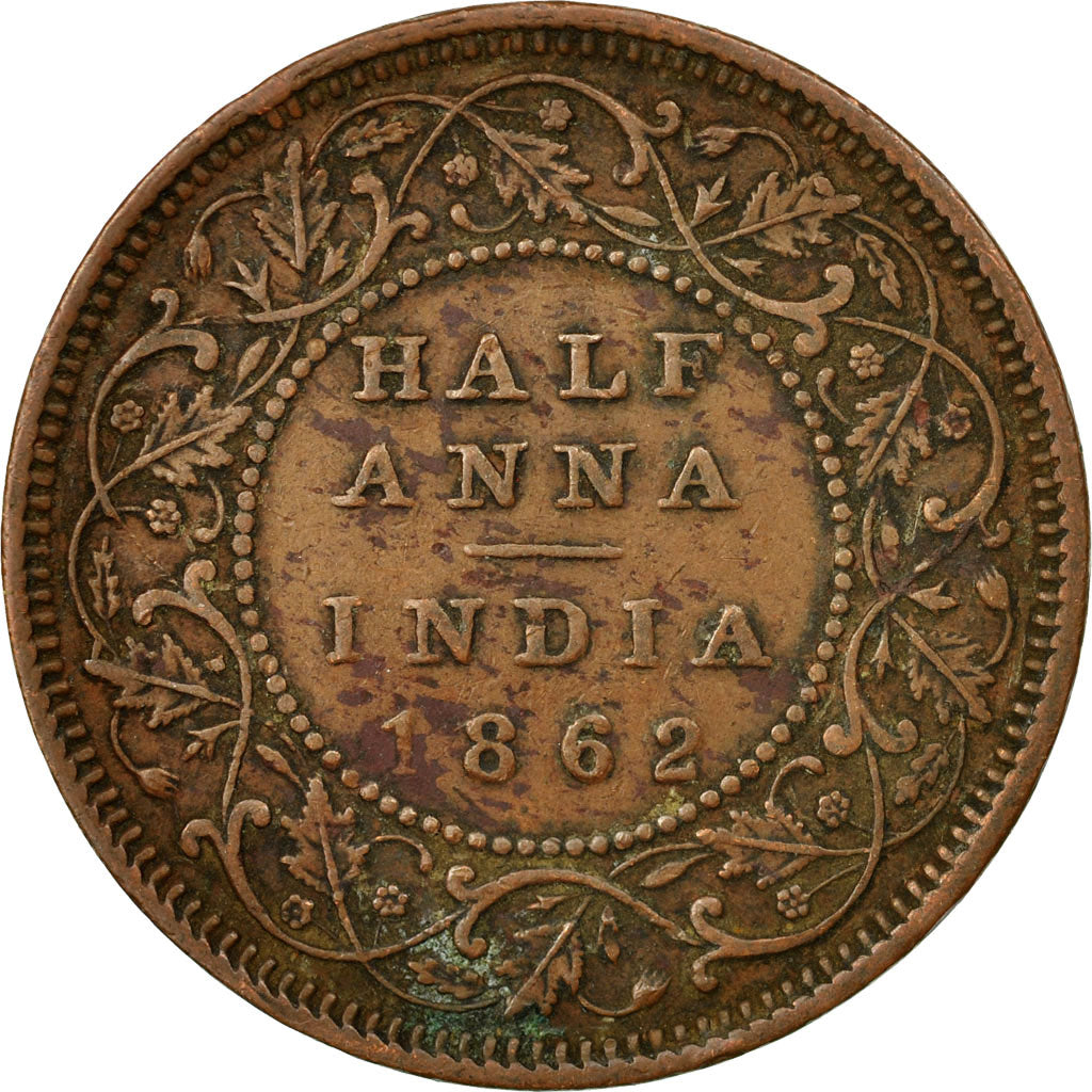 Moneta, INDIA - BRITANNICA, Victoria, 1/2 Anna, 1862, BB, Rame, KM:468