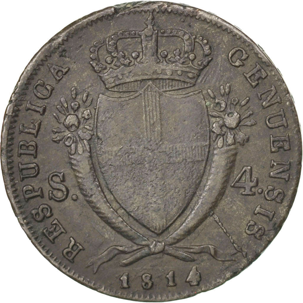 ITALIAN STATES, 4 Soldi, 1814, Gênes, KM #284, EF(40-45), Billon, 4.24