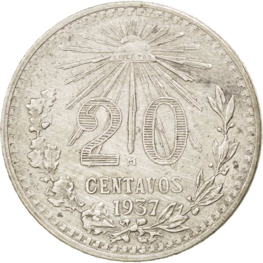 MEXICO, 20 Centavos, 1937, Mexico City, KM #438, AU(50-53), Silver, 19, 3.29