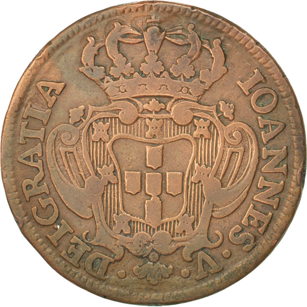 PORTUGAL, 10 Reis, X; 1/2 Vinten, 1743, KM #227, AU(50-53), Copper, 13.26