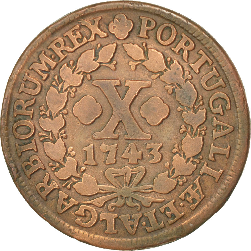 PORTUGAL, 10 Reis, X; 1/2 Vinten, 1743, KM #227, AU(50-53), Copper, 13.26