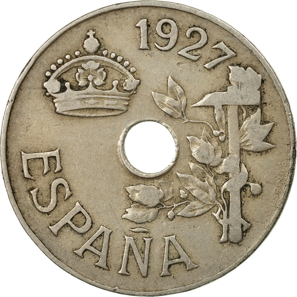 Moneta, Spagna, Alfonso XIII, 25 Centimos, 1927, Madrid, BB, Rame-nichel, KM:742
