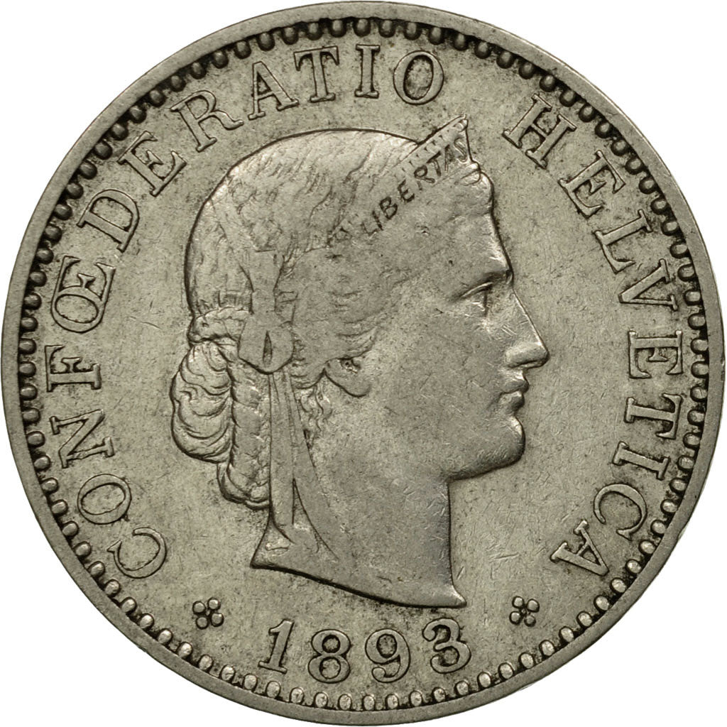 Coin, Switzerland, 20 Rappen, 1893, Bern, EF(40-45), Nickel, KM:29