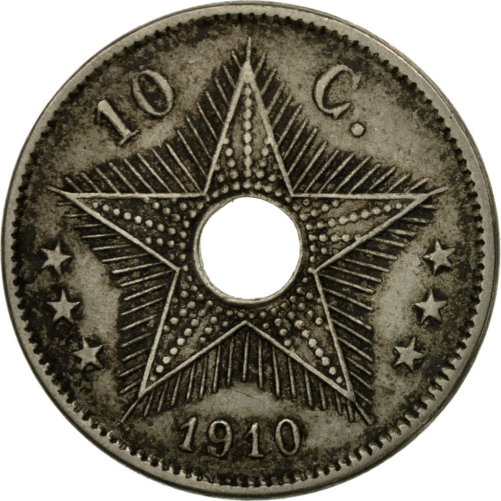 Coin, Belgian Congo, 10 Centimes, 1910, Heaton, EF(40-45), Copper-nickel, KM:18