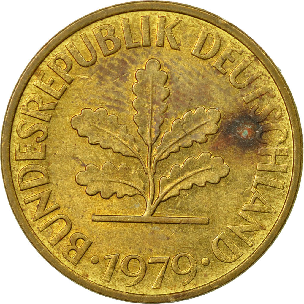 Coin, GERMANY - FEDERAL REPUBLIC, 10 Pfennig, 1979, Stuttgart, EF(40-45), Brass