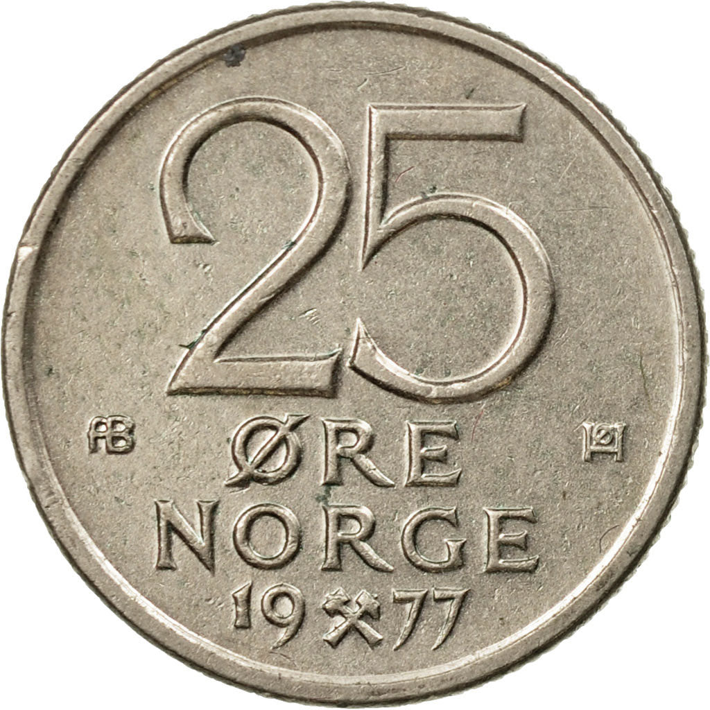 Coin, Norway, Olav V, 25 Öre, 1977, EF(40-45), Copper-nickel, KM:417