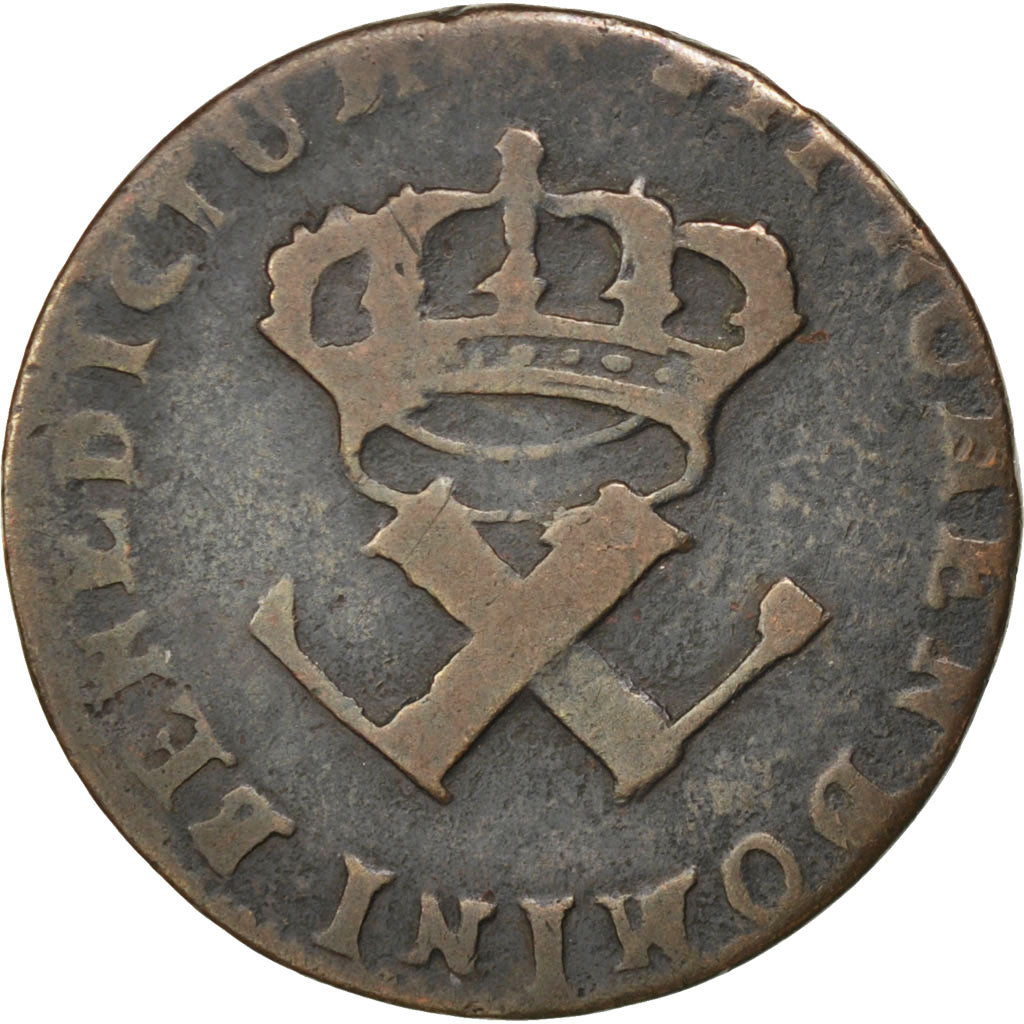 FRENCH COLONIES, 9 Deniers, 1722, La Rochelle, KM #5.2, VF(20-25), Copper,...