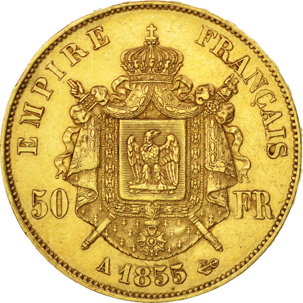 FRANCE, Napoléon III, 50 Francs, 1855, Paris, KM #785.1, AU(50-53), Gold, Gadour