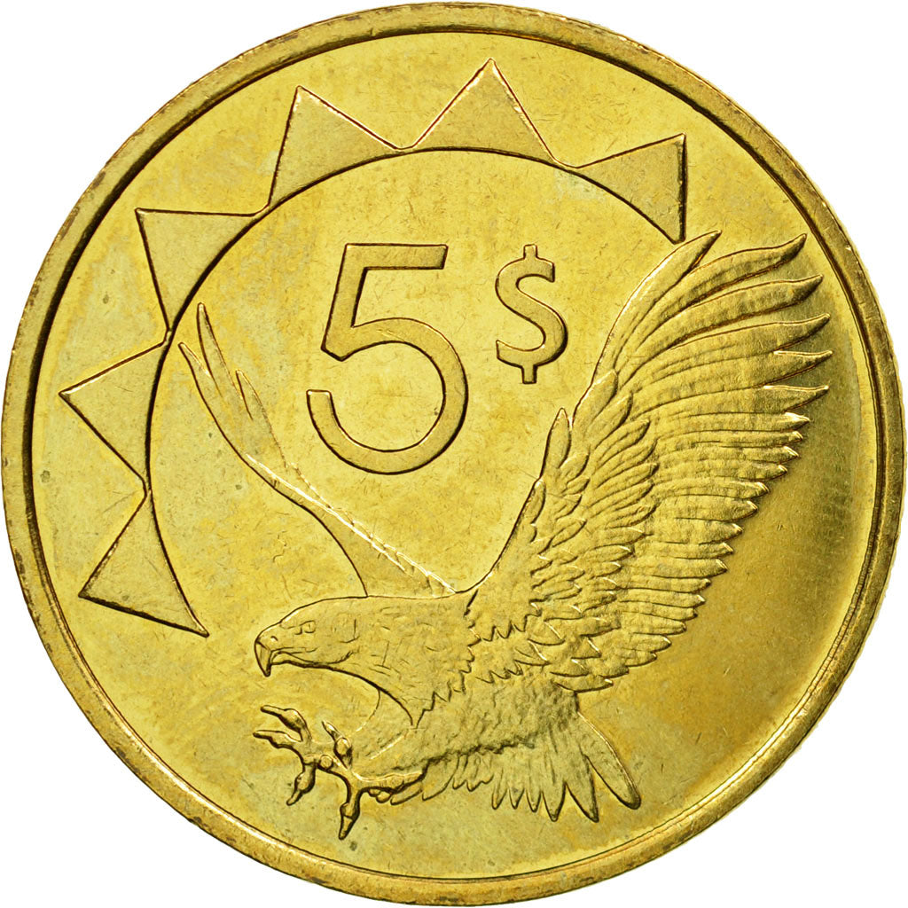 Moneda, Namibia, 5 Dollars, 1993, Vantaa, MBC, Latón, KM:5