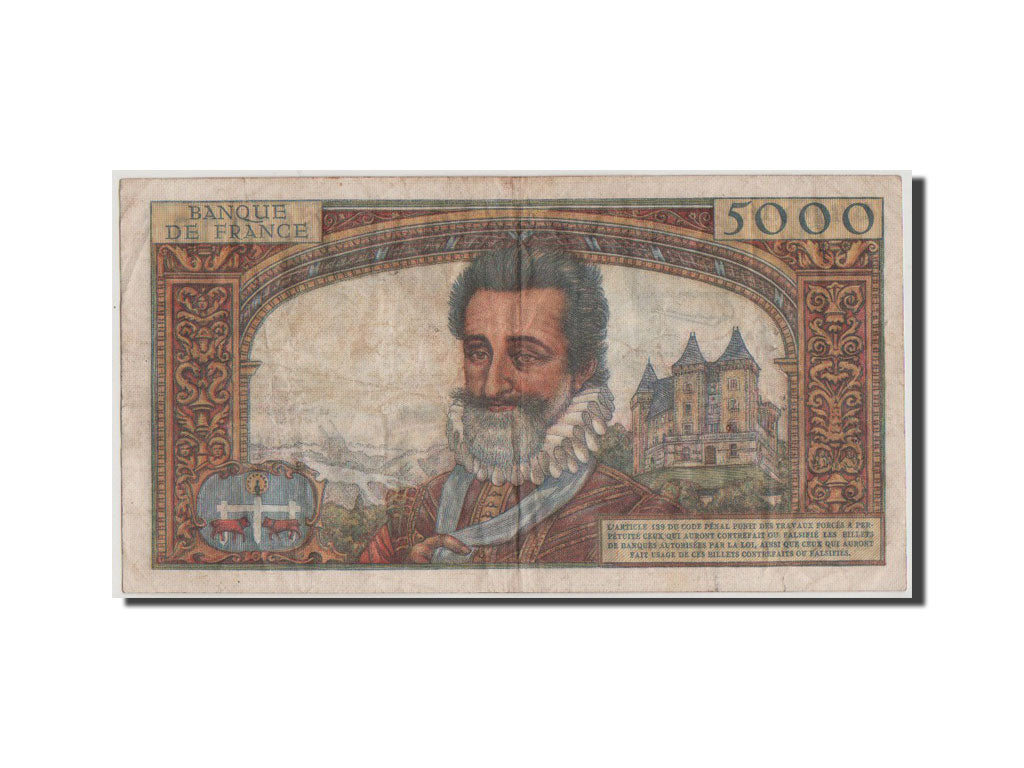 France, 5000 Francs, 5 000 F 1957-1958 ''Henri IV'', 1957, KM #135a, VF(30-35),.
