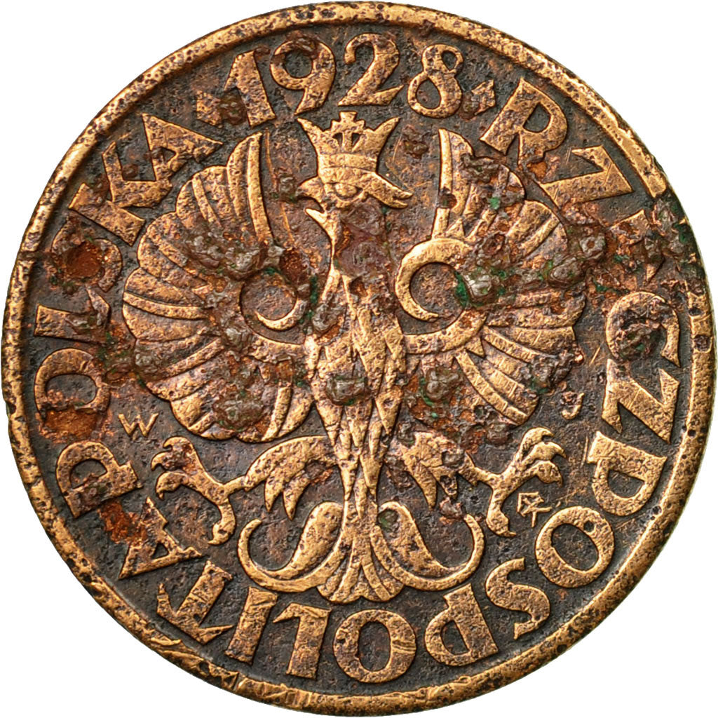 Moneda, Polonia, 5 Groszy, 1928, Warsaw, BC+, Bronce, KM:10a