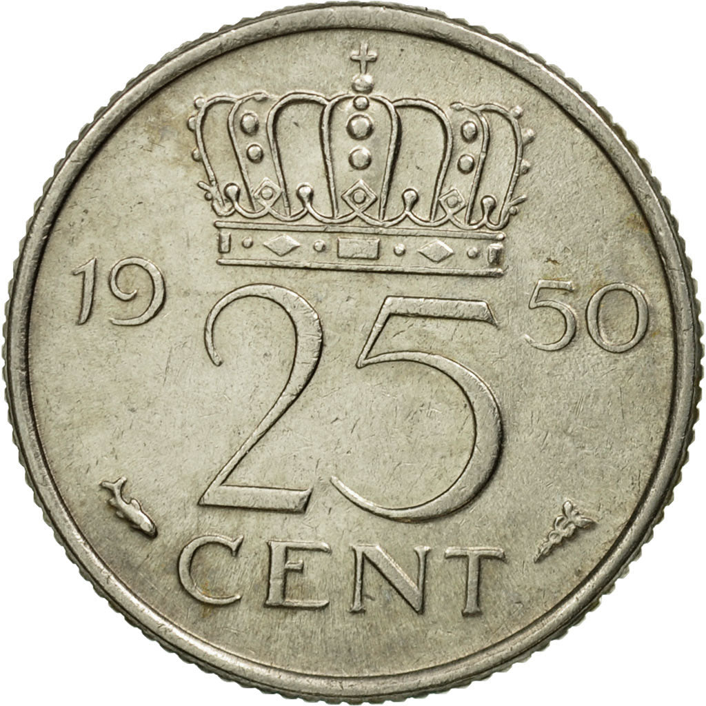 Coin, Netherlands, Juliana, 25 Cents, 1950, EF(40-45), Nickel, KM:183